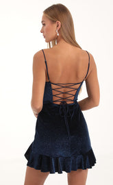 Kailani Velvet Glitter Cowl Neck Dress in Blue